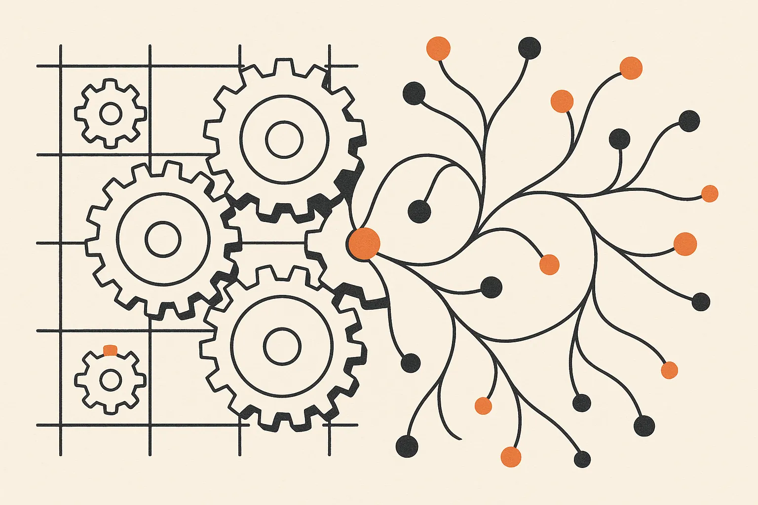 On the left, mechanical gears on a grid stand for rule-based automation; on the right, an organic network of connected nodes stands for AI judgment, the two meeting at an orange node in the centre.
