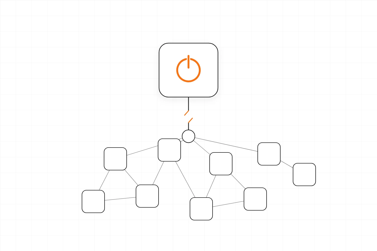 A network of small connected nodes, standing for a business's tools and workflows, all hanging off a single control unit at the top marked with an orange power symbol; the supply line feeding the network is cut just below the control, showing the business depends on a switch it does not hold.